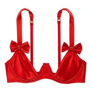1091 NWT Victoria's Secret Wicked Twinkle Bows Satin Open-Cup Balconette Bra XXL